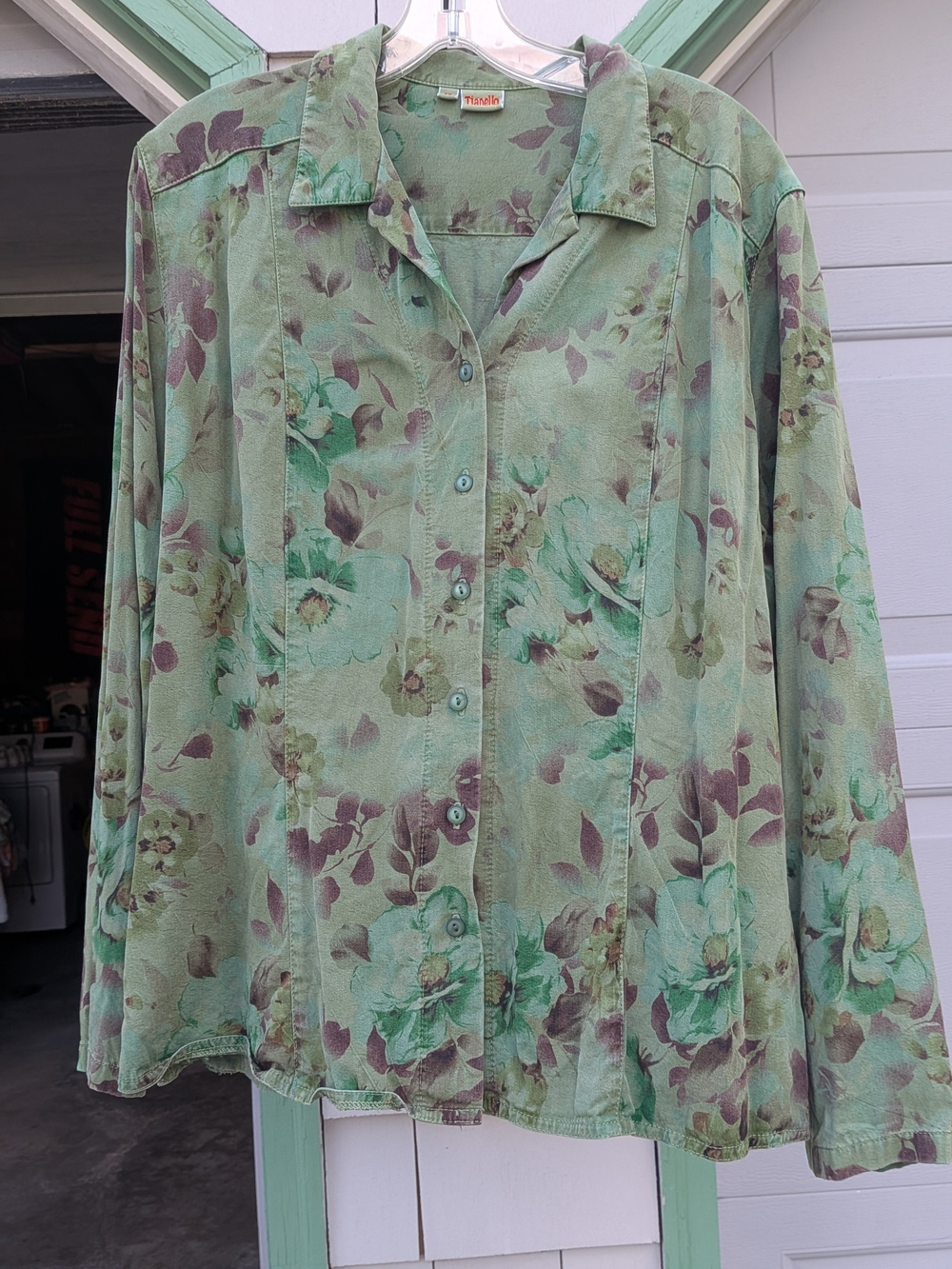 Vintage Tianello Green Floral Button Front Blouse Medium Cottagecore